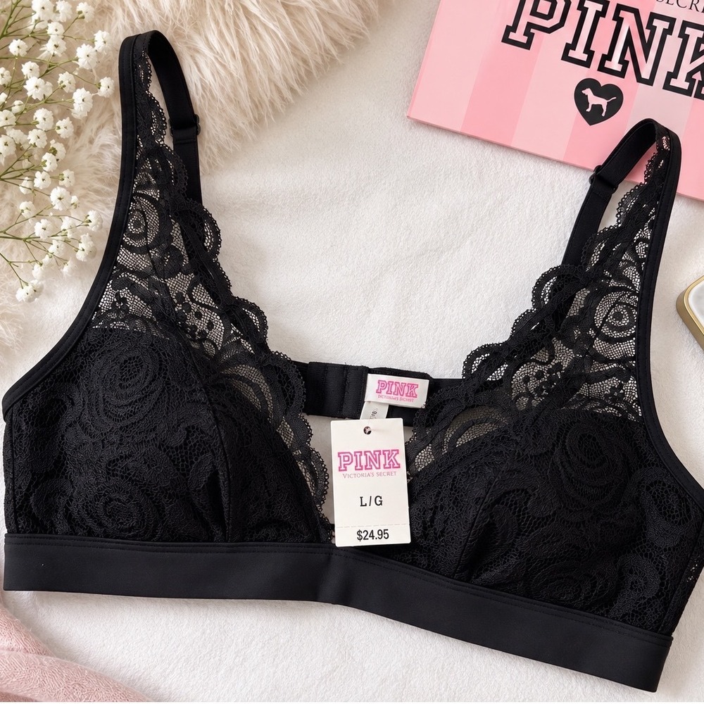 Victoria's Secret PINK Black Floral Lace Bralette Unlined V-Neck Large NWT
